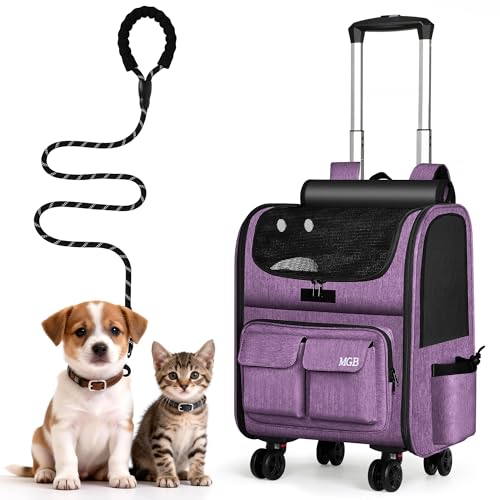 MGB Rolling Cat Carrier with Wheels: Dog Carrier for Small Dogs & Large Cats, Large Cat Carrier with YKK Zipper, Large Capacity, Breathable Mesh, Side Pocket, Purple (Not for Airline) - color: Purple