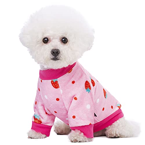 Thick Small Dog Clothes, Flannel Puppy Hoodie, Pink Strawberry Print Pet Sweatshirt, Cat Apparel (S, Pink) - color: Pink Strawberry, size: Small