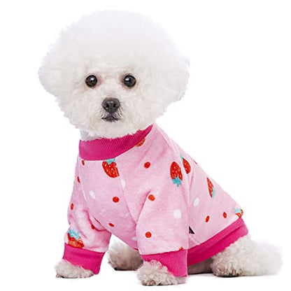 Thick Small Dog Clothes, Flannel Puppy Hoodie, Pink Strawberry Print Pet Sweatshirt, Cat Apparel (S, Pink) - color: Pink Strawberry, size: Small