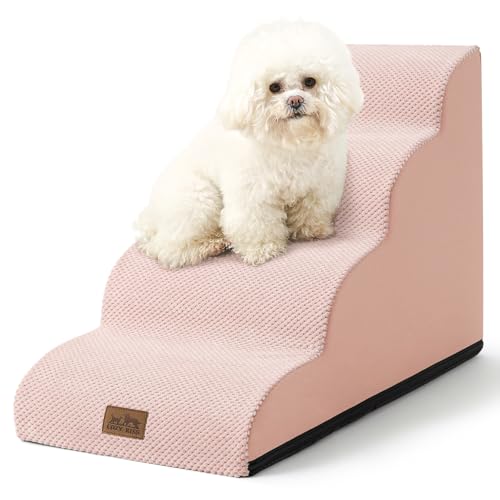 COZY KISS Dog Stairs for Small Dogs 19.7" H, Curved Dog Step for Puppy, Older or Cat, Medium Pet Ramp for Sofa, Couch or Bed, Ladder with High Density Foam, 4 Step, 15.7x28.3x19.7 inch, Pink - color: Pink, size: Standard: 15.7"x28.3"x19.7"