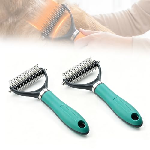Double-Sided Pet Grooming Brush, 2026 New Undercoat Rake for Long Haired Pets, Durable Dematting Tool for long haired cats, Easy Grip Fur Remover Comb for home use (1, Green) - color: Green