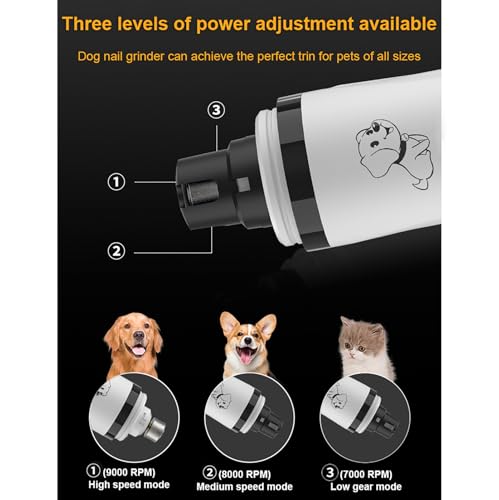 Dog Nail Grinder, 3-Speed, Ultra Quiet for Small to Large Dogs | Dual LED Lights for Quick Visibility, 7000-9000 RPM, <40dB, Ergonomic Grip, Multiple Grinding Ports, 2000mAh