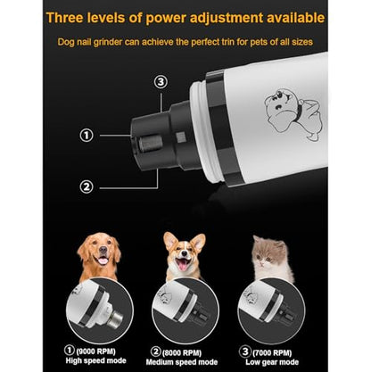 Dog Nail Grinder, 3-Speed, Ultra Quiet for Small to Large Dogs | Dual LED Lights for Quick Visibility, 7000-9000 RPM, <40dB, Ergonomic Grip, Multiple Grinding Ports, 2000mAh