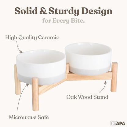 Ilyapa Ceramic Dog Bowls - Elevated for Medium Sized Pet with Raised Food and Water Set - Gray Double 6 inch, 28 Oz Bowls & 13x6.3x5.5 Wooden Stand - color: Gray