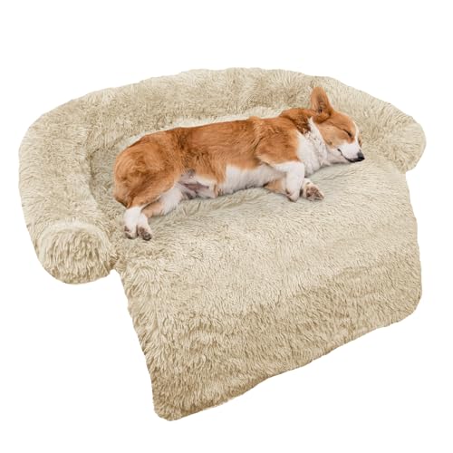 Calming Dog Bed Fluffy Plush Dog Mat for Furniture Protector with Removable Washable Cover for Large Medium Small Dogs and Cats (Medium, Beige) - color: Beige, size: 41.0"L x 37.0"W x 6.0"Th