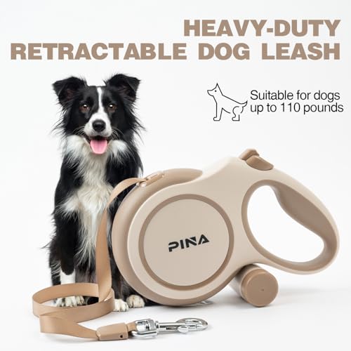 PINA Upgraded Retractable Dog Leash, 26 ft Dog Leash for Small Medium Large Dogs Up to 110lbs, Heavy Duty Reflective Nylon Tape 360° Tangle-Free, with Anti-Slip Handle, One-Handed Brake, Pause, Lock - color: Khaki