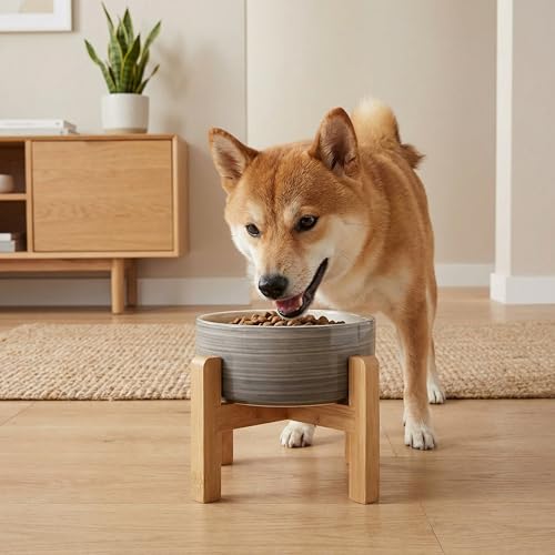 hjn Elevated Ceramic Dog Bowl with Bamboo Stand, Raised Pet Feeding Station for Small Medium Dogs Cats, Modern Design with Anti-Slip Base (White Gray, 3.6Cup) - color: White Gray, size: 3.6Cup