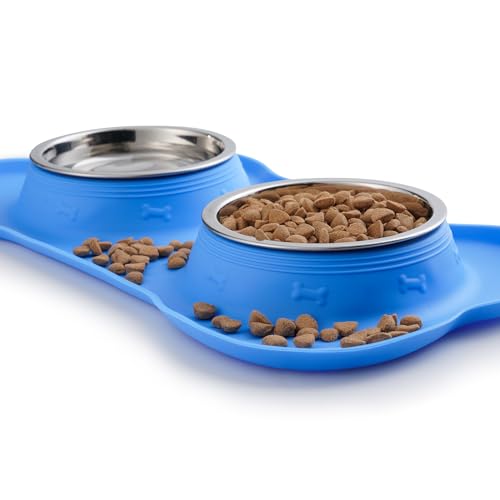 Hubulk Pet Dog Bowls 2 Stainless Steel Dog Bowl with No Spill Non-Skid Silicone Mat + Pet Food Scoop Water and Food Feeder Bowls for Feeding Small Medium Large Dogs Cats Puppies (Medium, Blue) - color: Blue, size: Medium