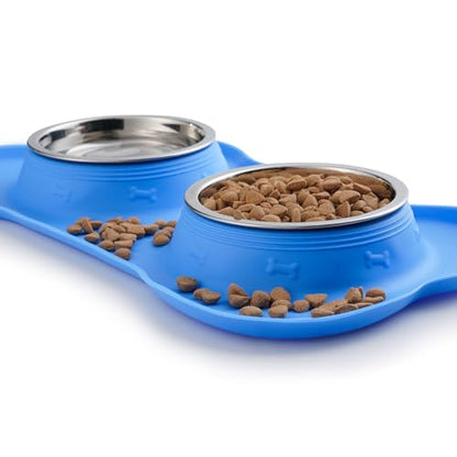 Hubulk Pet Dog Bowls 2 Stainless Steel Dog Bowl with No Spill Non-Skid Silicone Mat + Pet Food Scoop Water and Food Feeder Bowls for Feeding Small Medium Large Dogs Cats Puppies (Medium, Blue) - color: Blue, size: Medium