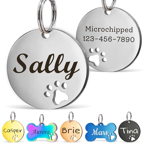 Anavia Paw Print Pet ID Tags, S/M/L Personalized Color Plated Stainless Steel Cat Dog Tags, Customized Engraved Glossy Dog Name Tag Pet Collar Tag (Silver, Round-Small) - color: Silver, size: Round-Small