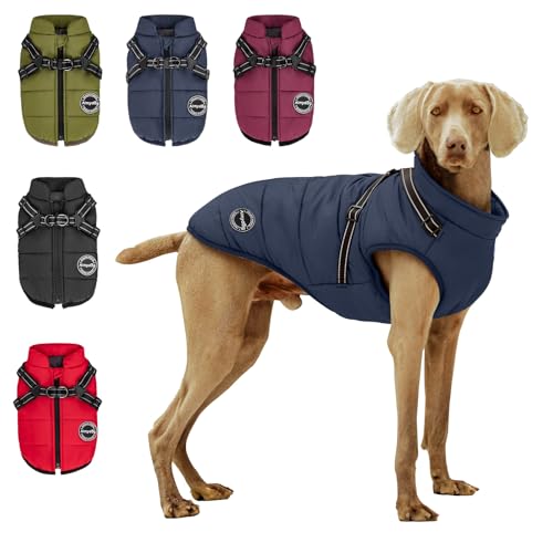 Warm Dog Winter Coat, Dog Cold Weather Jacket with Built-in Harness, Reflective & Adjustable Comfortable Pet Vest, Windproof Apparel for Small Medium Large Dogs (Navy) - color: Blue, size: Large
