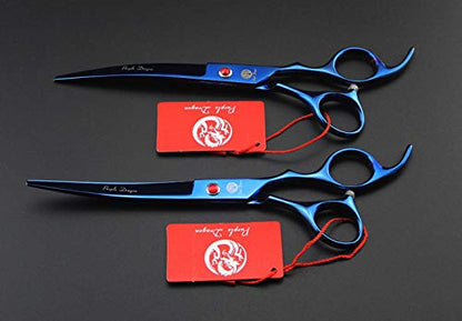 Purple Dragon Professional 7.0 inch 4PCS Pet Grooming Scissors Kit Japan Premium Steel Straight & Curved & Thinning Blade Dog Hair Cutting Shears Set with Case - color: Blue