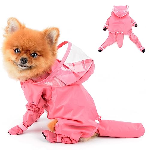 PAIDEFUL Small Dog Full Body Coverage Raincoat Solid Four-Leg Onesie Rain Jacket Waterproof Hoodie Puppy Clothes Button Lightweight Cats Costume, Pink, S - color: pink, size: S: Chest: 13.8", Back: 10.6"