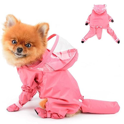 PAIDEFUL Small Dog Full Body Coverage Raincoat Solid Four-Leg Onesie Rain Jacket Waterproof Hoodie Puppy Clothes Button Lightweight Cats Costume, Pink, S - color: pink, size: S: Chest: 13.8", Back: 10.6"