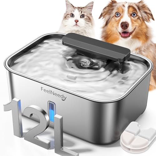 FEELNEEDY 3 Gal Stainless Steel Dog Water Fountain for Large Dog, Pet Water Fountain, Dog Water Bowl Dispenser with Water Level Window, Super Quiet for S-L Dogs and Multi-Pet - color: Fountain+2 Filters