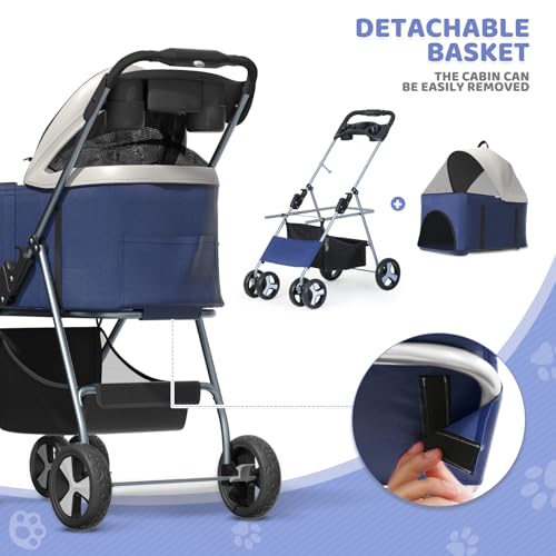 Magshion Foldable Pet Stroller, 3-in-1 Dog Travel Jogger with Detachable Carrier, Cup Holder, Storage Basket, Folding Carrier for Small/Medium Dogs & Cats Up to 33 lbs, Navy Blue - color: Navy Blue, style: Up to 33 lbs