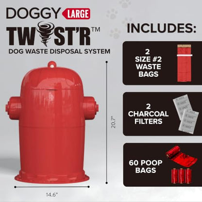 Red Rocket Doggy Twist'R Large Waste Disposal System, Dog Poop Trash Can | Odor Control, Indoor/Outdoor, Holds Up to 17 Lbs, Includes 2 Size #2 Odor Blocking Bags, 2 Charcoal Sachets, 60 Poop Bags