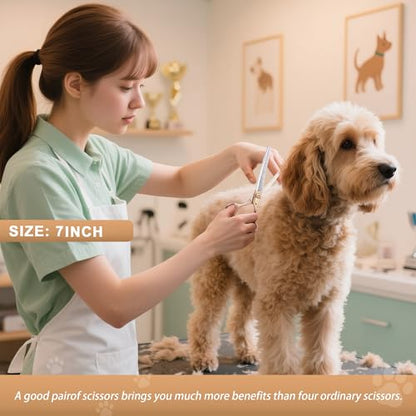 Professional Dog Grooming Scissors Rose Gold 440C Stainless Steel Straight Thinning Curved Chunker Shears for Pet Grooming Services Dogs and Cats (Thinning, 7‘’) - size: 7‘’, style: Thinning