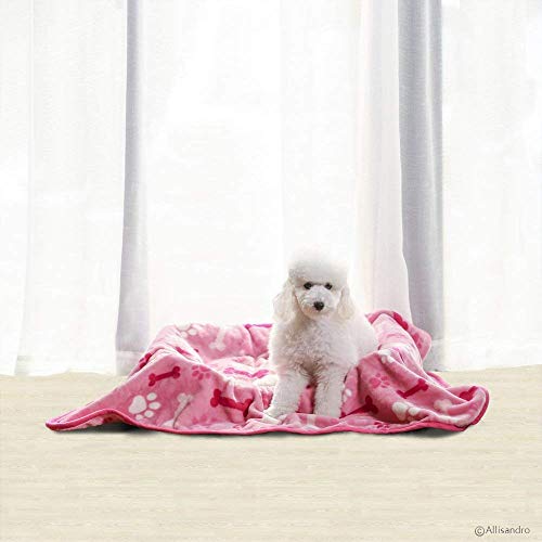Allisandro Luxurious Dog Blanket, 350 GSM Super Fuzzy Microplush Fleece Pet Blankets for Small Medium Large Dogs and Cats, Pink Paw and Bone, 64" x 40" - color: Pink Paw and Bone, size: 64" x 40"