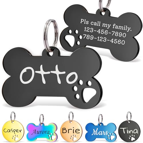 Anavia Paw Print Pet ID Tags, S/M/L Personalized Color Plated Stainless Steel Cat Dog Tags, Customized Engraved Glossy Dog Name Tag Pet Collar Tag (Black, Bone-Small) - color: Black, size: Bone-Small