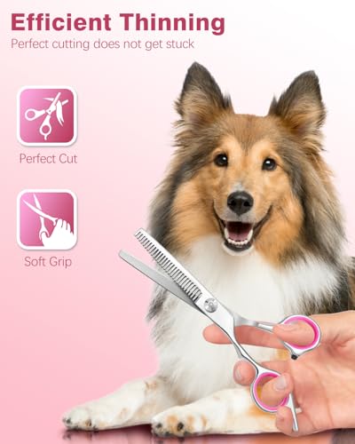 Furry Professional Pet Grooming Scissors with Safety Round Heads - 6 in 1 Curved Scissors for Dogs and Cats - color: Pink