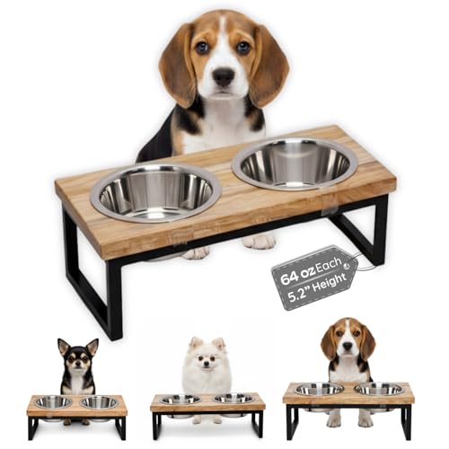 Elevated Dog Bowls, Medium 5.2 Height Mango Wood Raised Dog Bowl Iron Stand Frame with 64oz 2 Pcs Stainless Steel Pets Dishes, Food & Water 8Cup, 1.9L Capacity Nonslip Cat Feeding Station - size: 5.2 Inches / 64oz 2 Bowl