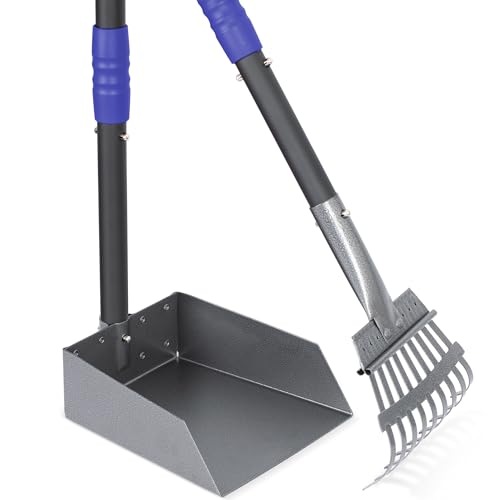 Heeyoo Dog Pooper Scooper, Dog Poop Tray and Rake Set, Pet Waste Removal Scoop with Long Adjustable Sectional Stainless Handles - color: Black/Blue