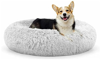 Original Calming Donut Dog and Cat Bed in Shag Fur, Dog Beds for Melium Dogs, Anti Anxiety Round Fluffy Plush Faux Fur Pet Bed, Light Grey, 27.6'' x 27.6''