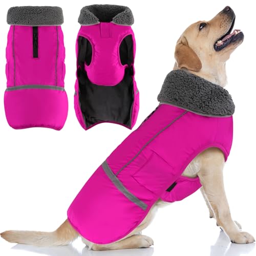 Doglay Dog Coat, Waterproof Dog Jacket Pet Winter Coat for Cold Weather with Thicken Furry Collar, Reflective Puppy Winter Jacket Warm Fleece Lining for Small Medium Large Pets - color: Pink, size: S(Chest : 11-18.11" , Back : 9.84")