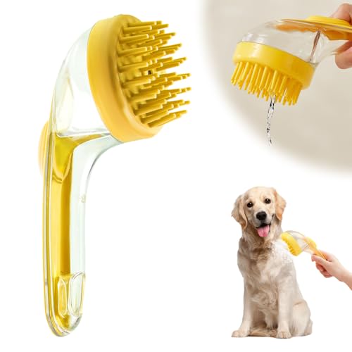 Pet Bath Brush with Shampoo Dispenser, 2025 New Dog Bath Brush Soft Silicone Bristle for Bathing Pets Grooming Massage Brush (Yellow) - color: Yellow