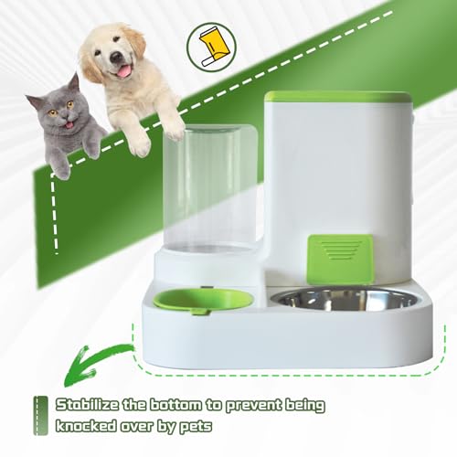 2 in 1 Automatic Cat Feeder & Water Dispenser,Gravity Pet Feeder Stainless Steel Food Water Bowl All-in-One Large Capacity Self Feeding for Cats Dogs Small Medium Pets(Green) - color: 【Green】
