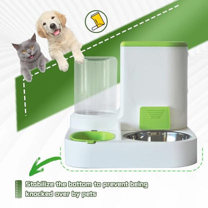 2 in 1 Automatic Cat Feeder & Water Dispenser,Gravity Pet Feeder Stainless Steel Food Water Bowl All-in-One Large Capacity Self Feeding for Cats Dogs Small Medium Pets(Green) - color: 【Green】