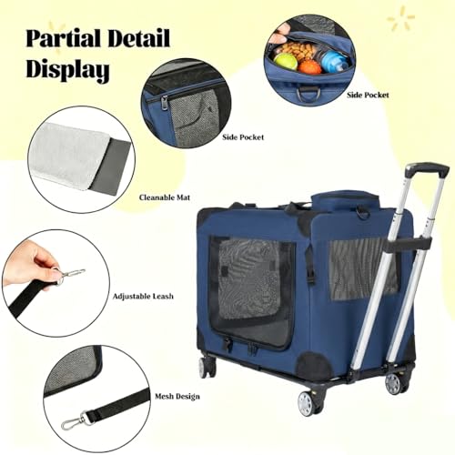 2-in-1 Pet Carrier with Detachable Rolling Base, Foldable Soft Sided Dog Crate for Small Medium Dogs & Cats, Pet Travel Carrier with 360° Spinner Wheels, Breathable Mesh Kennel, Up to 40 lbs, Blue
