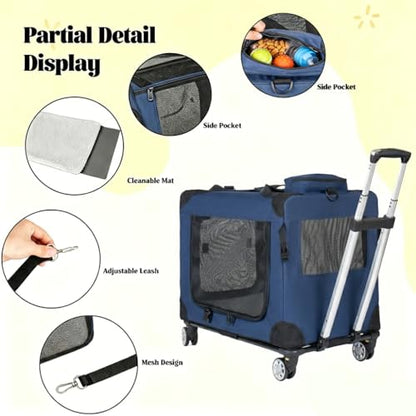 2-in-1 Pet Carrier with Detachable Rolling Base, Foldable Soft Sided Dog Crate for Small Medium Dogs & Cats, Pet Travel Carrier with 360° Spinner Wheels, Breathable Mesh Kennel, Up to 40 lbs, Blue