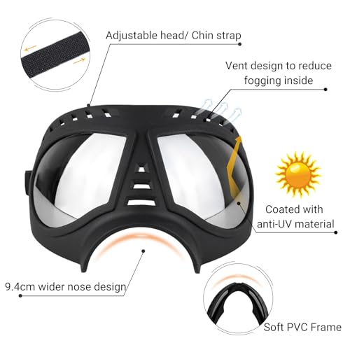 Namsan Dog Goggles for Large Dogs, Wide Snout & Soft Frame, Tactical Driving Sunglasses for Dogs Medium to Large Breed, Anti-UV Dog Eye Protection, Windproof Dustproof, Adjustable, Black - color: (Large)Silver Lens