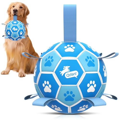 QDAN Dog Soccer Balls Toys : Premium Dog Soccer Ball with Straps, Outdoor Dog Toys, Pet Training Soccer for Medium Large (7 Inch) - color: White-Blue, size: Large Size 3