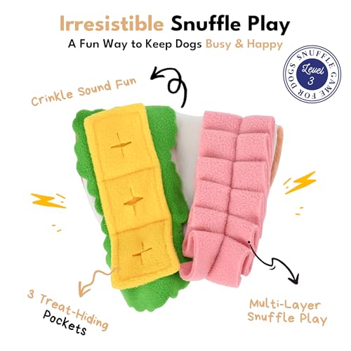 CHEWFFON Interactive Half Sandwich Dog Toy, Crinkle Plush Snuffle Toy with 3 Treat Pockets & Multi-Layer Hiding Design, Enrichment Puzzle Toy for Small & Medium Dogs