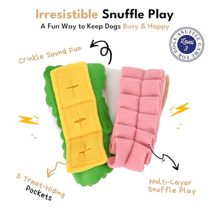 CHEWFFON Interactive Half Sandwich Dog Toy, Crinkle Plush Snuffle Toy with 3 Treat Pockets & Multi-Layer Hiding Design, Enrichment Puzzle Toy for Small & Medium Dogs