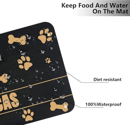Personalized Dog & Cat Food Mat with Name | Waterproof PU Pet Bowl Mat | Non-Slip Rubber Bottom | Easy Clean | 3 Sizes (24"×16", 30"×20", 36"×24") (Golden Bone and paw Prints) - color: Golden bone and paw prints
