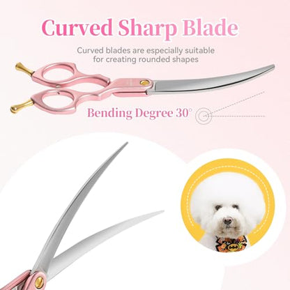 6.5'' Small Curved Dog Grooming Scissors Pink Professional Trimming Shears with Ultra-Lightweight Offset Handle CNC 440C Stainless Steel Blades Pet Scissors for Face and Paws - color: Pink Curved