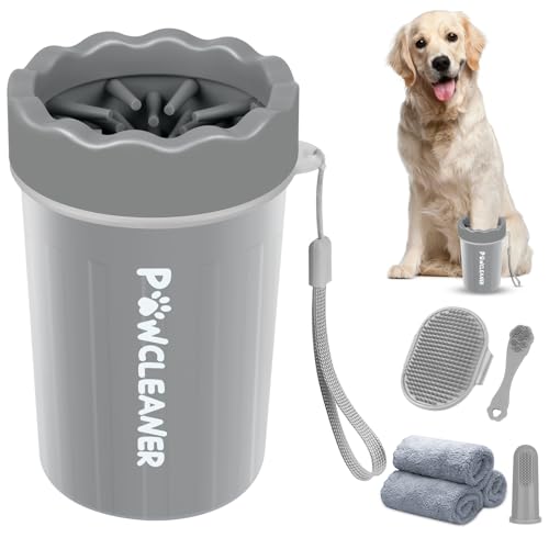 Professional 7 in 1 Dog Paw Cleaner for Dogs & Cats - Includes 1 Portable Paw Washer, 1 Bath Brush, 2 Dog Toothbrushes and 3 Absorbent Towels Note: Fits Paws 1.5 to 2.5 Inches Wide (Medium, Grey) - color: Grey, size: Medium