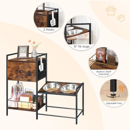 HOOBRO Elevated Dog Bowls Stand with Drawer, Height Adjustable Raised Feeding Station Cabinet with Storage Basket, 4-IN-1 Pet Storage Organizer for Large Medium Breeds, Rustic Brown and Black BF22PO03