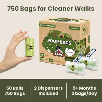Pogi’s Dog Poop Bags – Leak-Proof & Extra Thick Pet Waste Bags with 2 Holders (Unscented, 50 Rolls, 750-Count) - color: Unscented, size: 1 Count (Pack of 750)