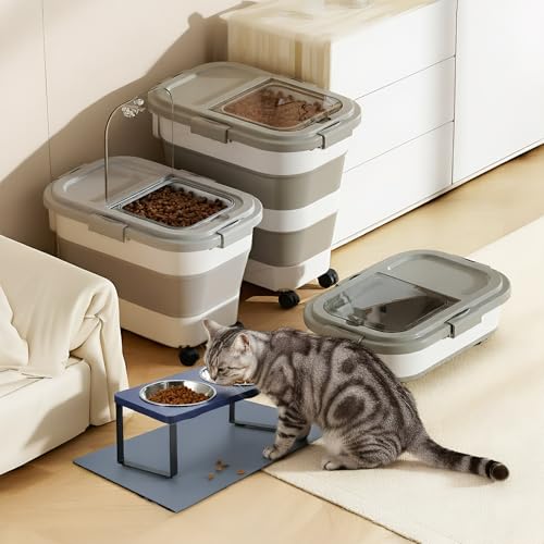 Summark 15 Lbs Dog/Cat Food Storage Container,Collapsible Food Storage Containers with Rolling Wheel Airtight Locking Lid,Pet Food Storage Container with Cup and Scoop,Grey - color: Grey