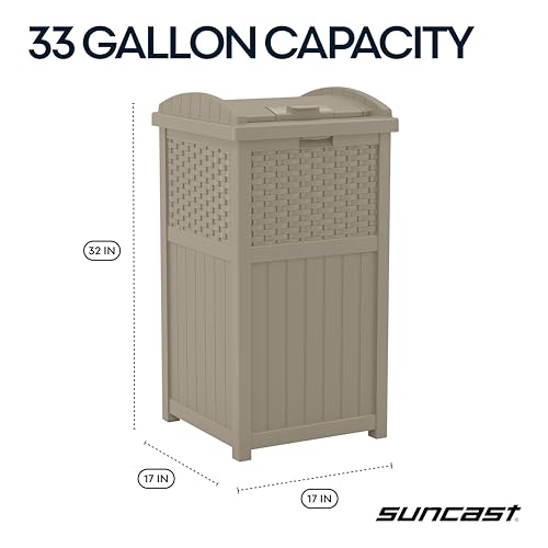 Suncast Wicker Resin Outdoor Hideaway Trash Can with Latching Lid for Use in Backyard, Deck, or Patio, Dark Taupe - color: Dark Taupe