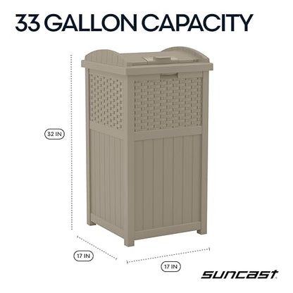 Suncast Wicker Resin Outdoor Hideaway Trash Can with Latching Lid for Use in Backyard, Deck, or Patio, Dark Taupe - color: Dark Taupe
