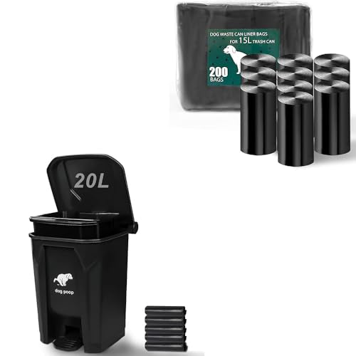 Dog Poop Trash Can Outside, Fully Assembled Dog Waste Trash Can with Lid, Pedal and Removable Inner Waste Bin,Pet Poop Bin with 200 Free Bags, for Garden, Black