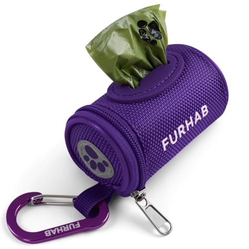 FURHAB Dog Poop Bag Holder for Leash Doggie Waste Bag Dispenser Soft Fabric Puppy Potty Carrier Small Doggy Zipper Pouch with Carabiner Clip 1680D Nylon Oxford with 1 Roll of Pet Trash Bags, Purple - color: Purple