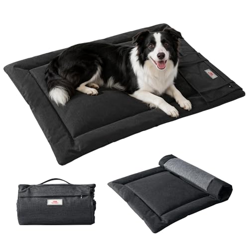 SOMAHE Outdoor Dog Bed Waterproof for Medium Large Dogs, Foldable Portable Dog Bed, Reversible Oxford Mat, Built-in Storage Pocket, Machine Washable, 35.4"×27.5" Inch Black/Dark Gray - color: Front: Black / Back: Dark Gray
