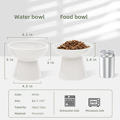 CEEFU 2 Elevated Ceramic Cat Bowls Extra Wide for Food & Water – Whisker Fatigue Shallow Food Dish, Lead & Cadmium-Free, Raised Height for Cats and Dogs, White - color: White